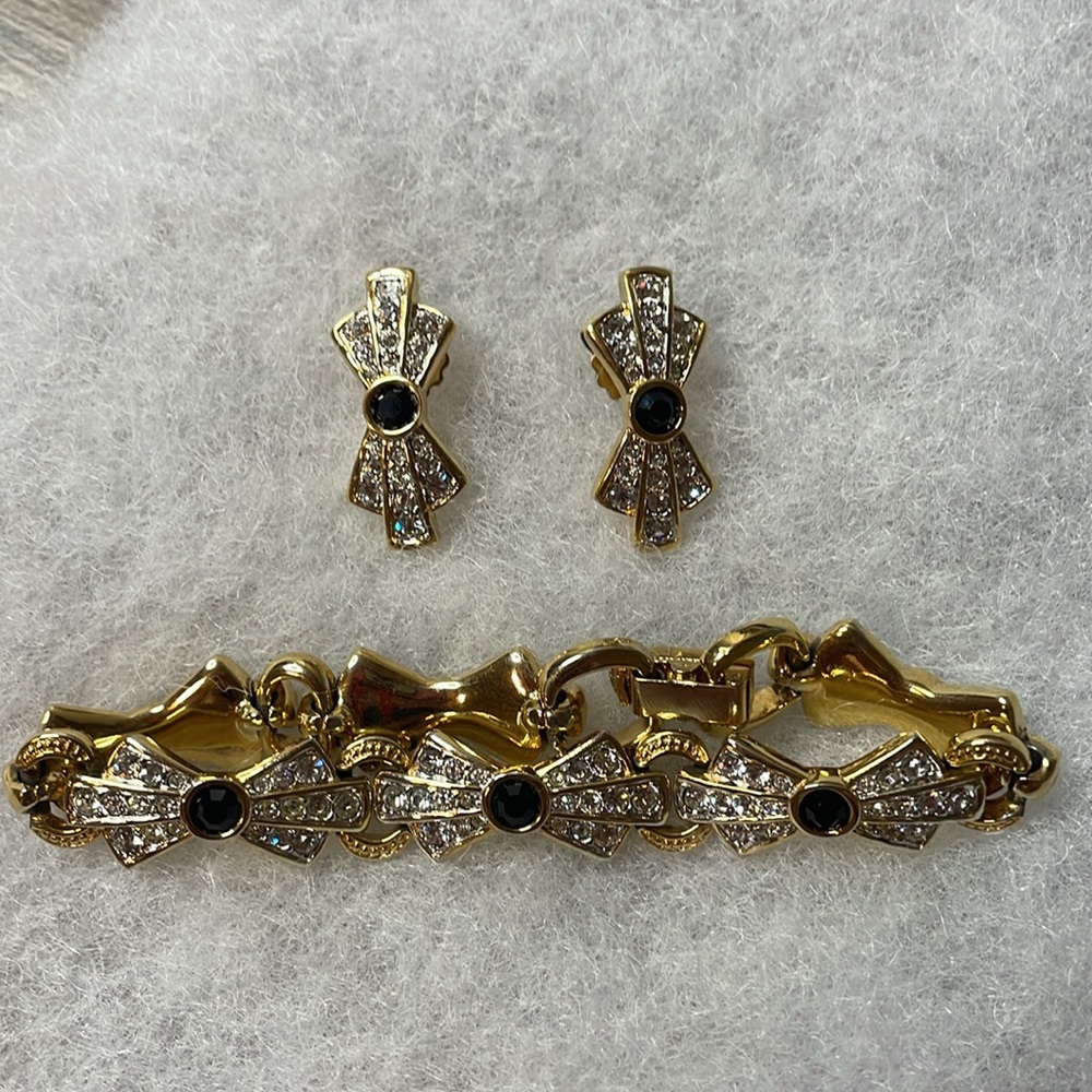 S.A.L. Swarovski Black/Crystal Pierced Earrings & Bracelet Set (vintage & rare)